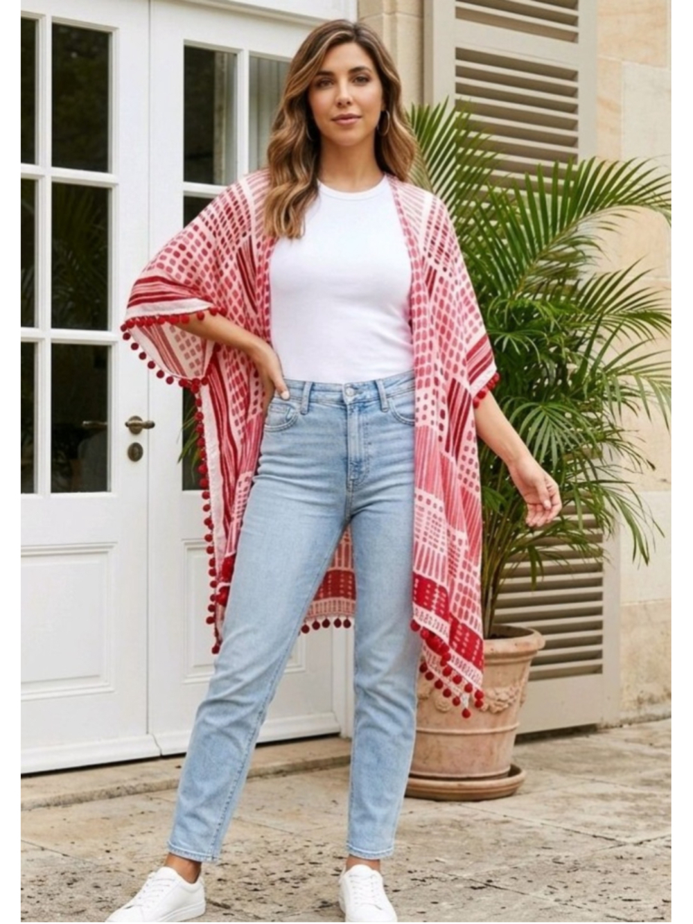 Women's Oversized CASLON White Red Pink Patterned Kaftan Kimono Pom Pom Tassels